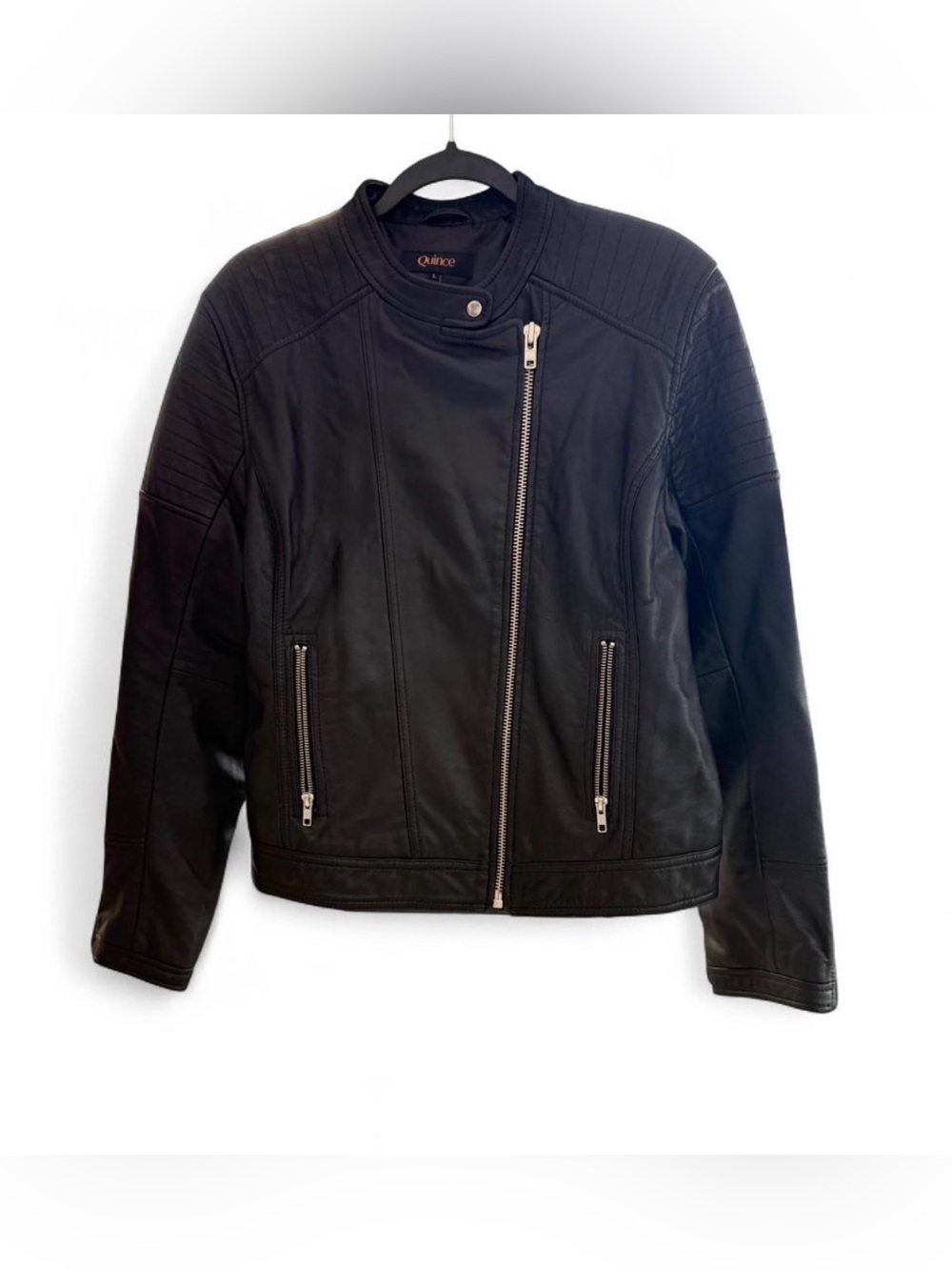 Quince Black Moto-Style Leather Jacket with Asymmetrical Zip